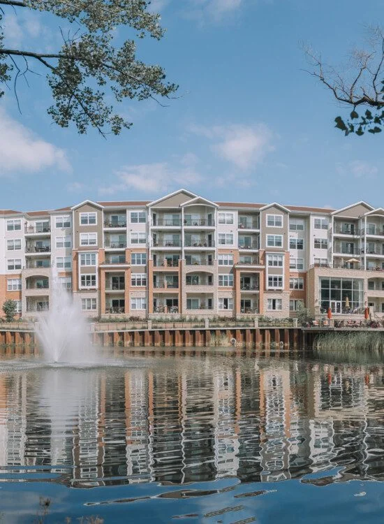exterior of building by lake
