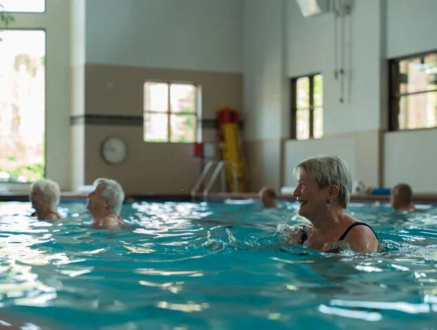 women in pool exercising