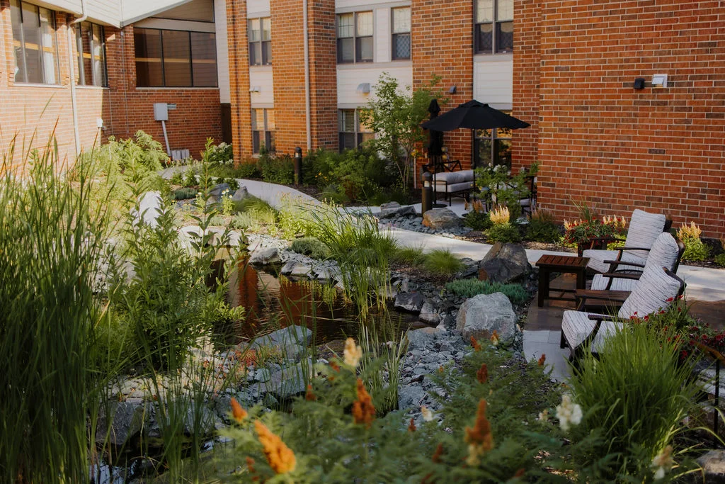 Friendship Village of Bloomington building with landscaped gardens in Bloomington, Minnesota